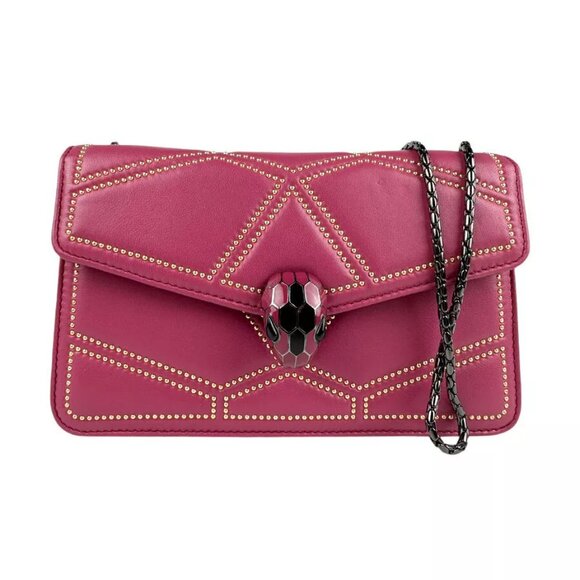 Auth BVLGARI Serpenti Shoulder Bag Magenta/Gold Leather/Metal -